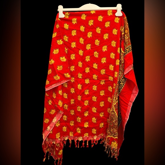 sari wrap scarf shawl table wall bathing suit wrap Accessories - Red and Gold Elephant Print Scarf shawl table wall cover